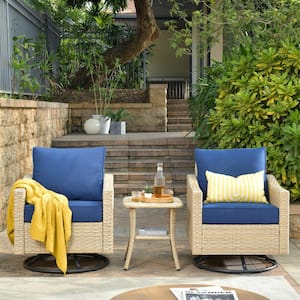 Camelia Beige 3-Piece Wicker Patio Swivel Rocking Chairs Seating Set with Cafe Table and Navy Blue CushionGuard Cushions