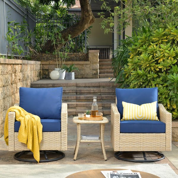 weaxty W Camelia Beige 3-Piece Wicker Patio Swivel Rocking Chairs Seating Set with Cafe Table and Navy Blue CushionGuard Cushions