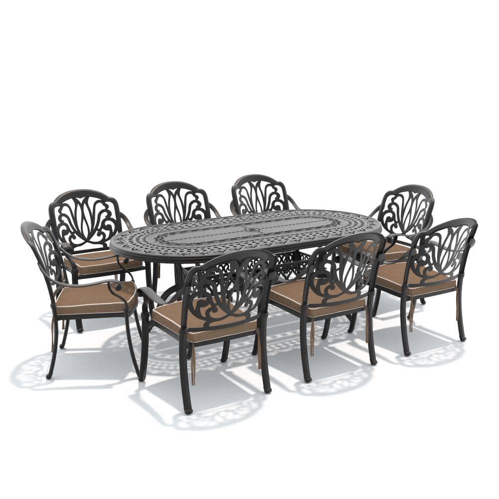 Black 9-Piece Cast aluminum Patio Outdoor Dining Set with Oval Table and Cast aluminum Chairs with Brown Cushions price history on PriceWatchPro