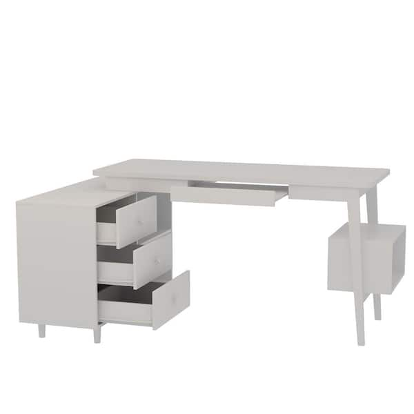 FUFU&GAGA 55.1 in. Width L-Shaped Brown Wooden 3-Drawer Commercial Desk, Computer Desk, Writing Desk with Shelves Storage