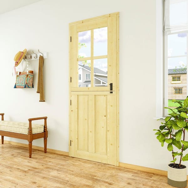 30 in. x 80 in. Universal/Reversible 4-Lite Clear Glass Unfinished Dutch Wood Prehung Front Door w/ Quick Assemble Jamb