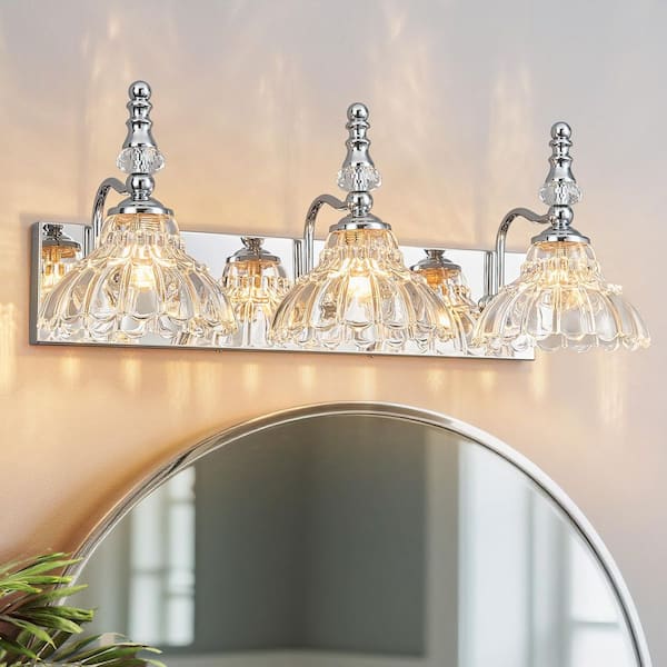 Home Lighting 22.83 in. 3-Light Chrome Vintage Bathroom Vanity Light with Flower Glass Shade Over Mirror for Bathroom