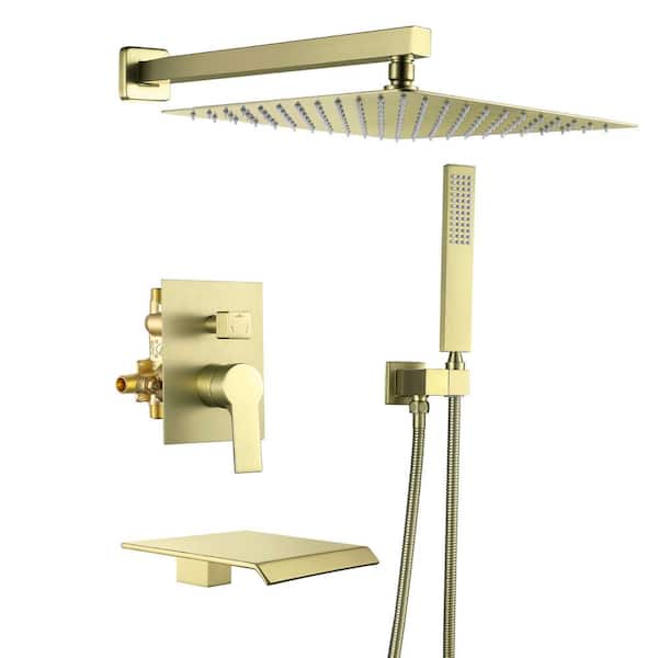 FLG Single-Handle 1-Spray Wall Mount Tub and Shower Faucet with Hand Shower and 12 in. Head in Brushed Gold (Valve Included)