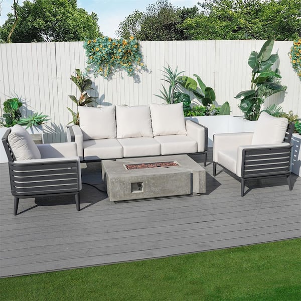 DIRECT WICKER Inquirie 5-Piece Aluminum Patio Conversation Set with Beige Cushions, Grey Rectangle Concrete Fire Pit Table