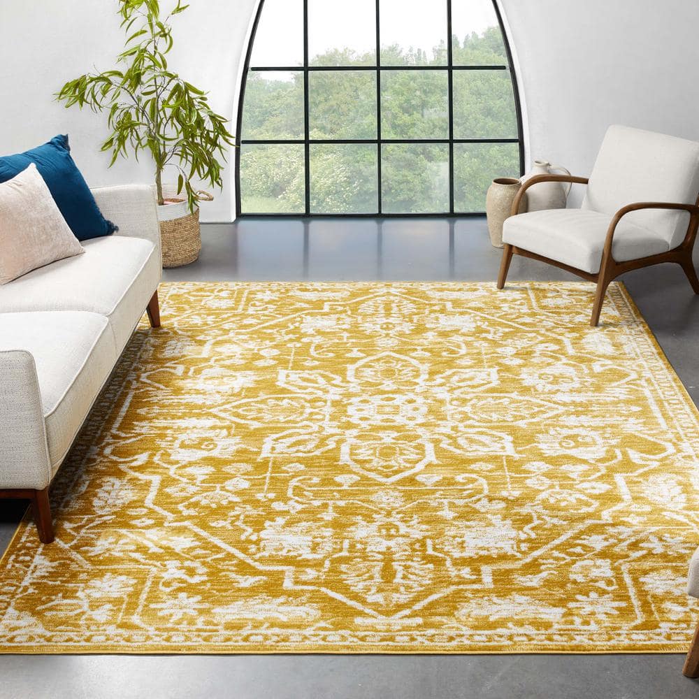 Gold 5' x 7' Synthetic Oriental Easy Care Rug