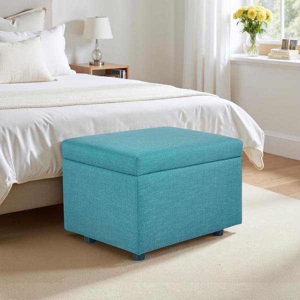 Blue Fabric Rectangle Accent Medium Ottoman Footstool with Hide Storage and Flip Top for Living Room Bedroom