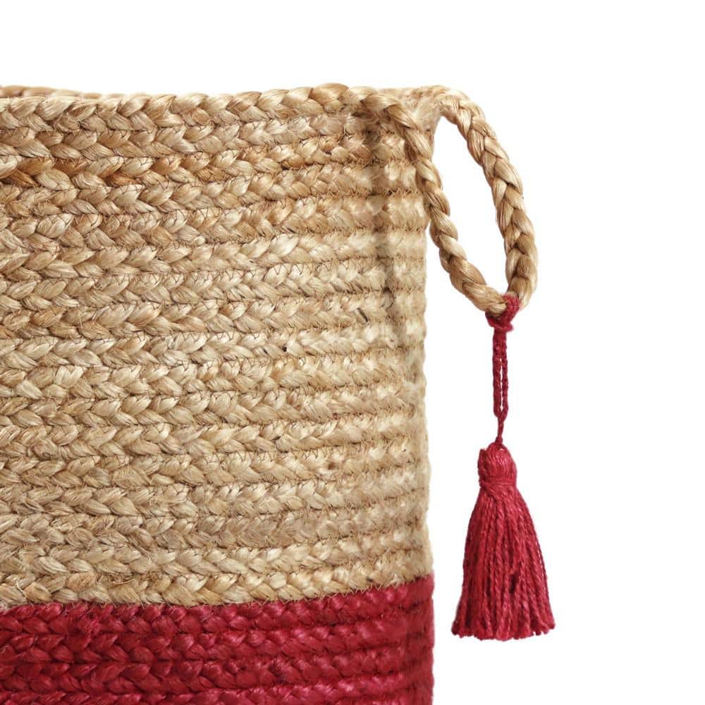 Handwoven Round Tan and Cranberry Red Jute Storage Basket