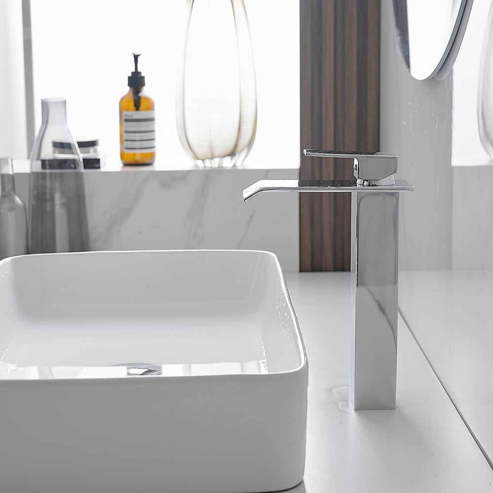 Polished Chrome Waterfall Vessel Sink Faucet with Pop-Up Drain