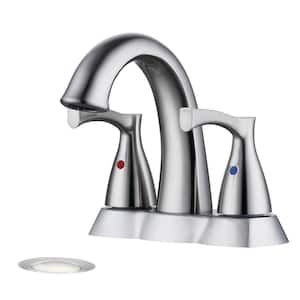 4 in. Centerset Double Handle Low Arc Bathroom Faucet with Drain Kit Included in Brushed Nickel