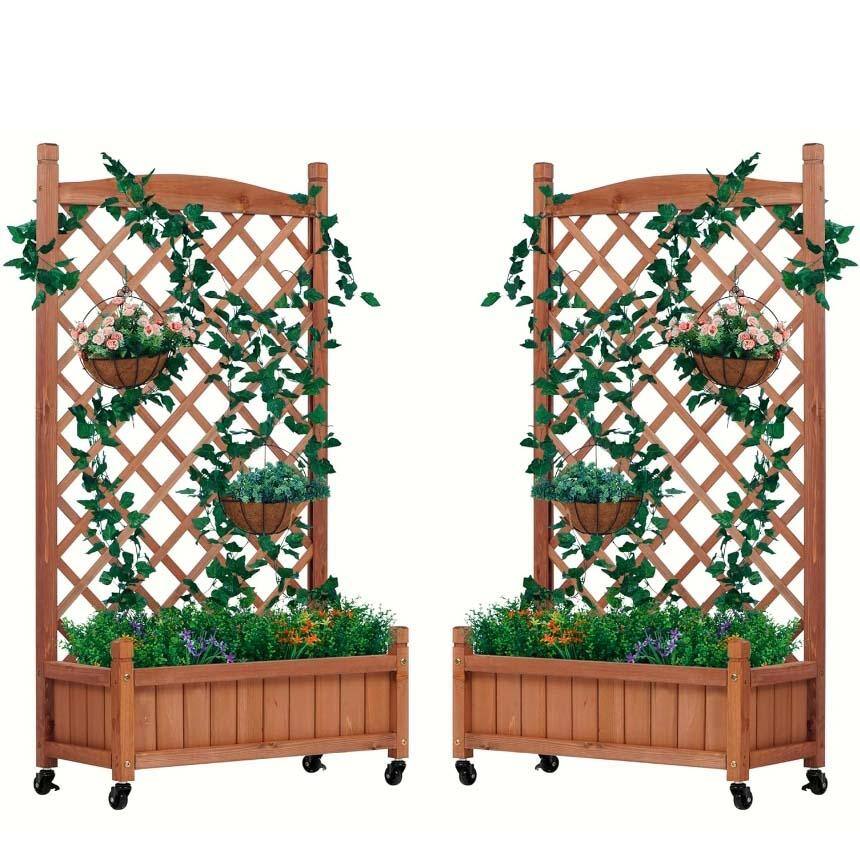 Rustic Solid Wood Raised Garden Bed with Trellis and Wheels