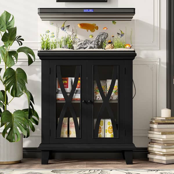 27.75 in. 20 gal. Wood Stand with Adjustable Shelves，Fish Tank Stand with Power Outlet and Cabinet Storage,Black