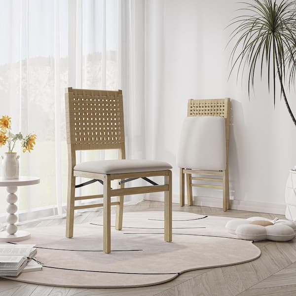 HOMEFUN Folding Wooden Stackable Dining Chairs with Camel Padded Seats (Set of 2)