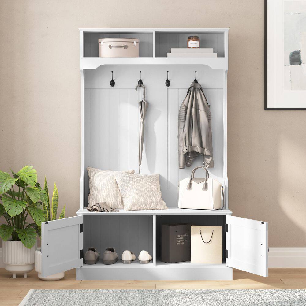 White Engineered Wood Hall Tree with Storage Bench and Hooks