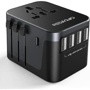 8 Amp Universal Travel Adapter with 4 USB A 1 USB C Ports, AC Power Plug Converter in Black