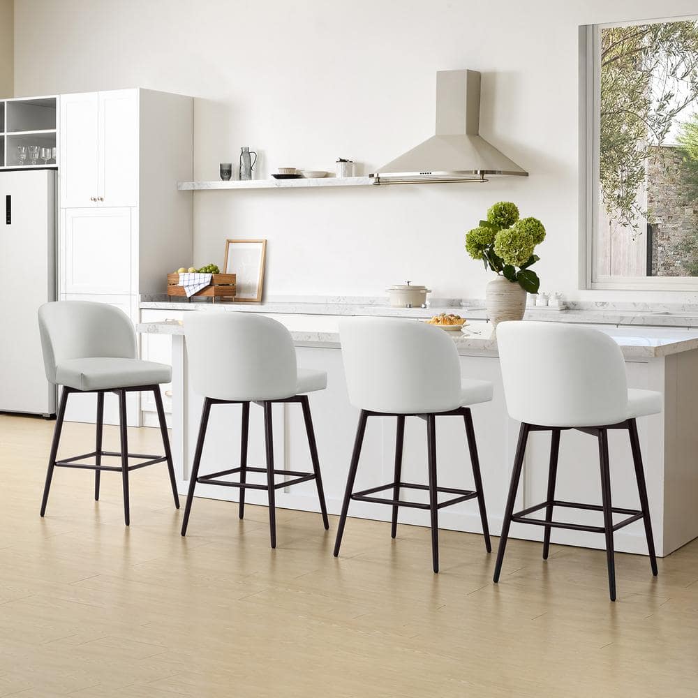 White Upholstered Swivel Counter Stools with Iron Legs, Set of 2