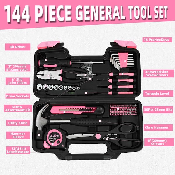 Laybus 144-Piece Pink Tool Kit, Basic Home Repair Tool Set