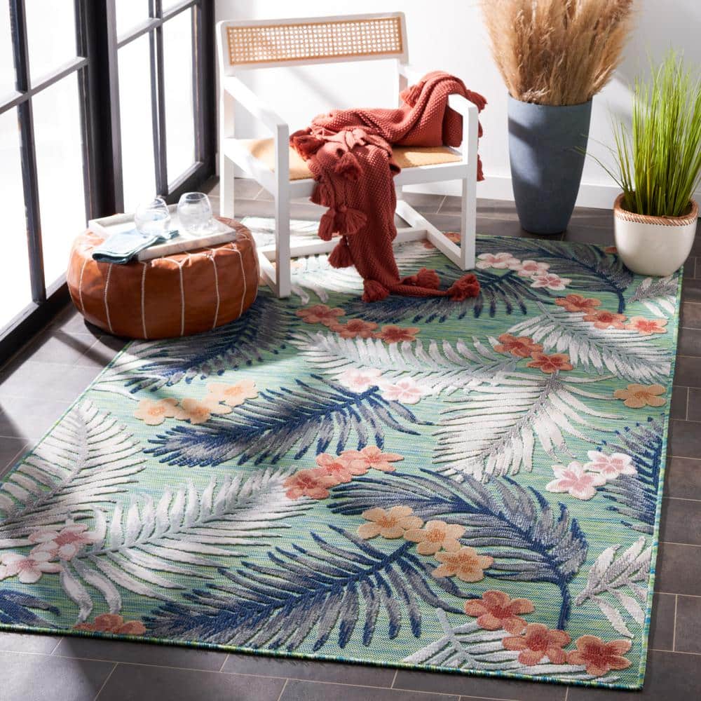 Floral Bliss Green/Navy Synthetic 4' x 6' Easy-Care Outdoor Rug