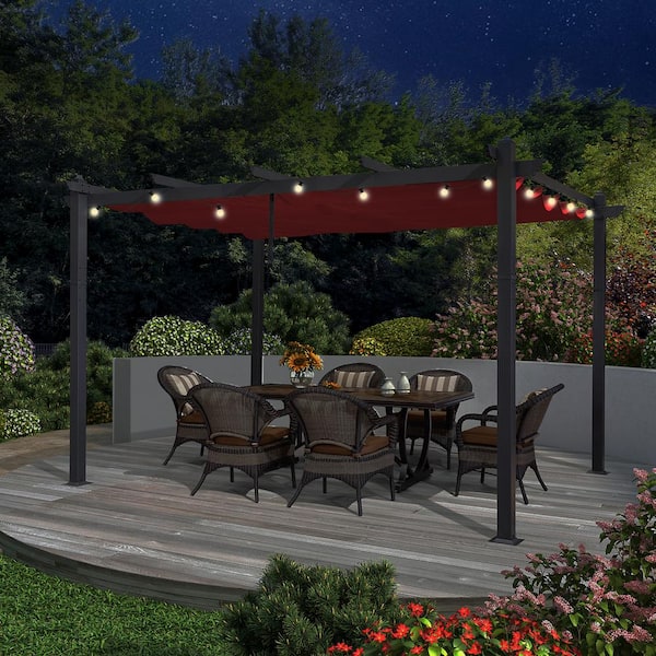 10 ft. x 12 ft. Gray Aluminum Frame Morden Pergola with Red Retractable Sun Shade Canopy and String Lights for Garden