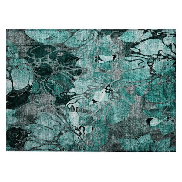 Teal Black and Gray 2 ft. x 3 ft. Woven Floral Rectangle Indoor/Outdoor Area Rug