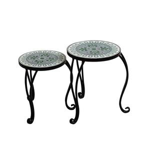 14" and 12.2" H Round Multicolor Metal/Ceramic Plant Stand w/Floral Pattern (Set of 2), Indoor Outdoor Plant Holder