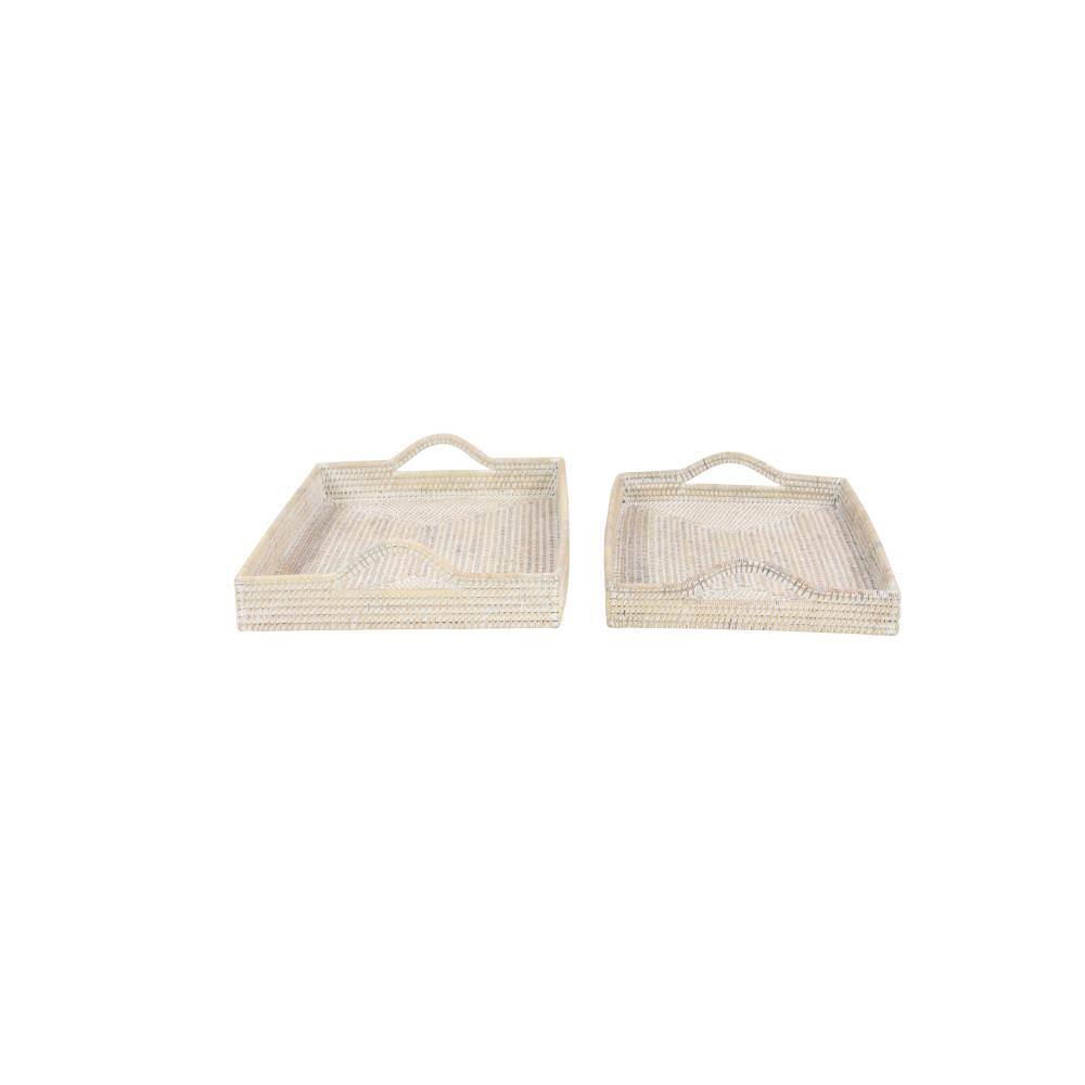 Cream Rectangular Rattan 2-Piece Decorative Tray Set