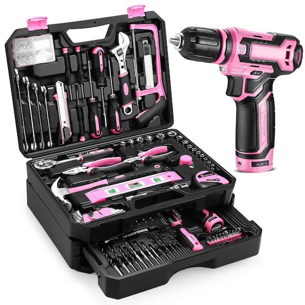 238-Piece Pink Tool Kit Box Drill Set, Home Mechanic Toolbox with 12V Power Cordless Drill, Hand Repair Tools Sets