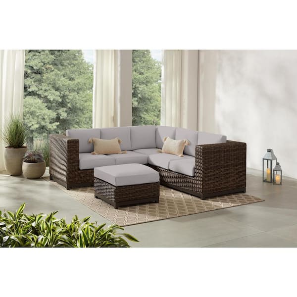 Hampton Bay Fernlake 4-Piece Brown Wicker Outdoor Patio Sectional Sofa with CushionGuard Stone Gray Cushions