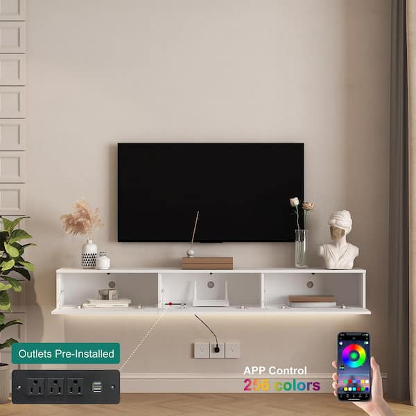 69 in. W x 11.8 in. D White MDF Wood Floating TV Stand Shelves Decorative Wall Shelf with Lights and Power Outlet
