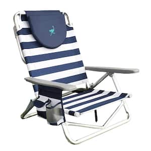 On-Your-Back Blue and White Aluminum Reclining Beach Chair