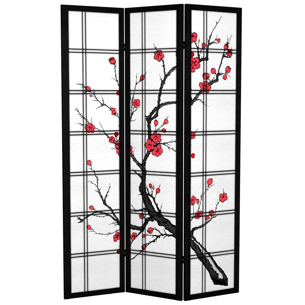 RED LANTERN 6 ft. Black Canvas Cherry Blossom 3-Panel Room Divider