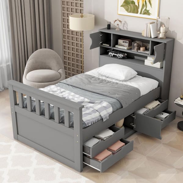 Gray Wood Frame Twin Size Captain Platform Bed with 4-Drawer, Storage Headboard Including Shelves, Compartments