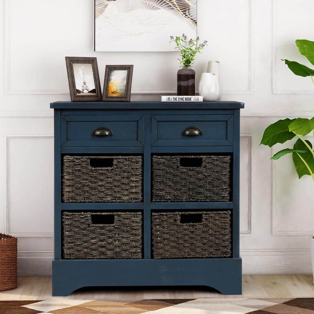Antique Navy 28 in. H Accent Cabinet Storage Cabinet with Two Drawers and Four Classic Rattan Basket