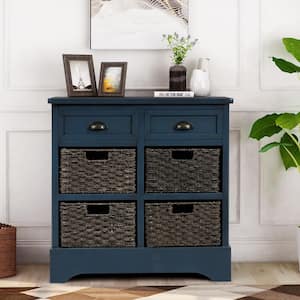 Antique Navy 28 in. H Accent Cabinet Storage Cabinet with Two Drawers and Four Classic Rattan Basket