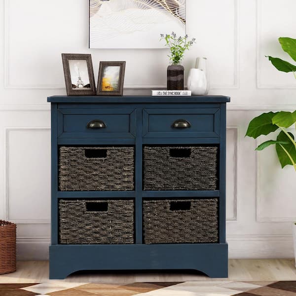 Boosicavelly Antique Navy 28 in. H Accent Cabinet Storage Cabinet with Two Drawers and Four Classic Rattan Basket