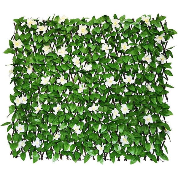 Outdoor Expandable Plastic Garden Fence Panel Privacy Screen-Single Sided Leaves in Green (2 Green-Flowers)