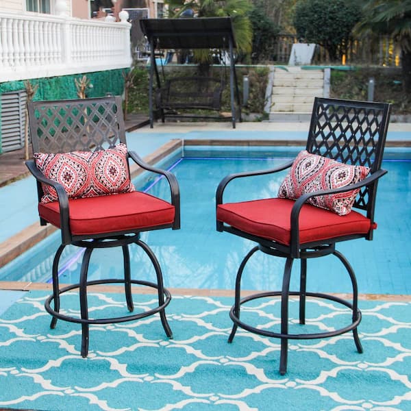 PHI VILLA Black Swivel Metal Outdoor Bar Stool with Red Cushion (2-Pack)
