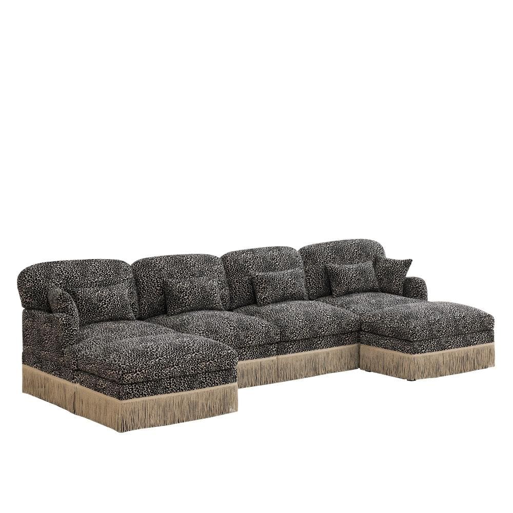 Leopard Print Chenille 131 in. Wide U-Shaped Modular Sofa with Tassel Edge, Movable Ottomans, Ergonomic Deep Seats