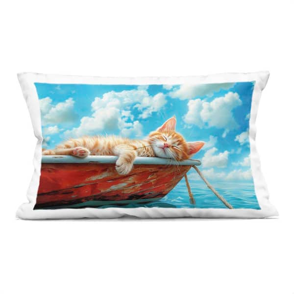 Stupell Industries Sleeping Cat on Boat Blue Print Polyester 14 in. X 20 in. Throw Pillow