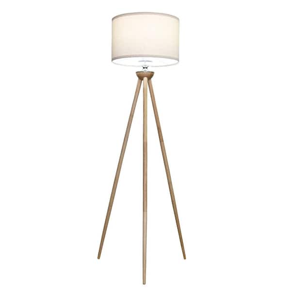 Avex 58 in. Brown Modern 1-Light Three Legged Standard Floor Lamp with Beige Cylinder Shade