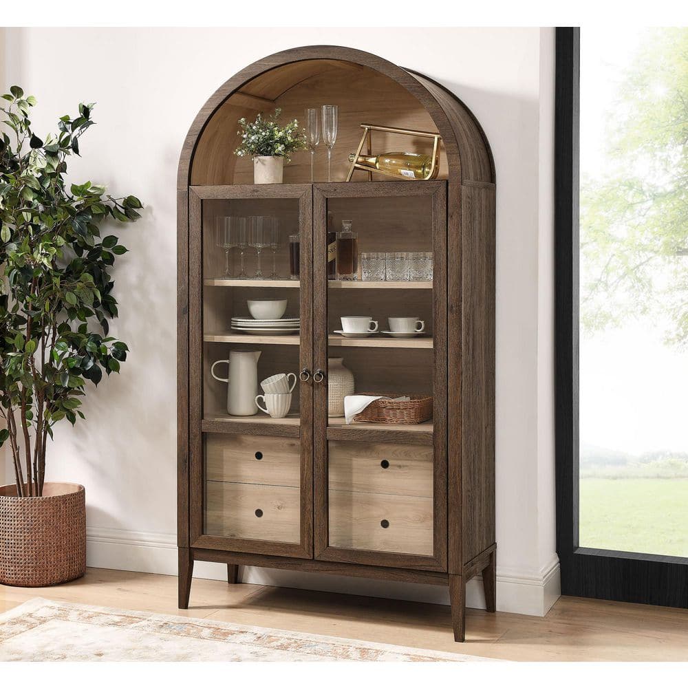 Nolan 74" Walnut Light Oak Arched Storage Display Cabinet with Glass Doors