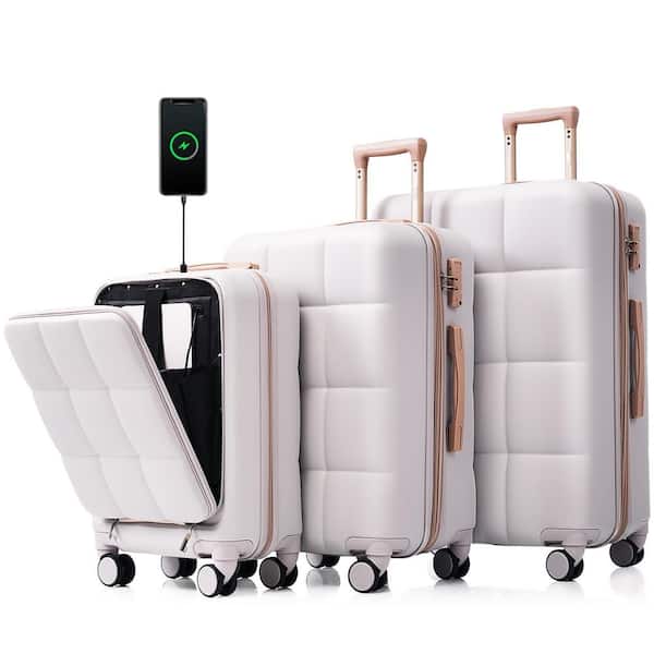 Merax 3-Piece Light Gray 20"24"28" Expandable ABS Spinner Luggage Set with USB Port, Front Opening Design(20"), 3 Cup Holders