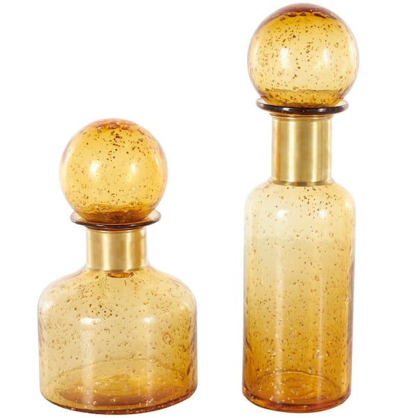 Litton Lane Yellow Glass Speckled Ombre Decorative Jars with Round Orb Tops (Set of 2)