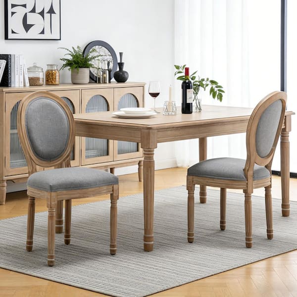 Farmhouse Grey Linen Upholstered Dining Chairs with Solid Wood Legs, (Set of 2)