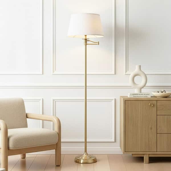 Caden 60 in. Antiqued Brass Mid-Century Modern 1-Light Extendable Swing Arm LED Floor Lamp with Beige Linen Drum Shade