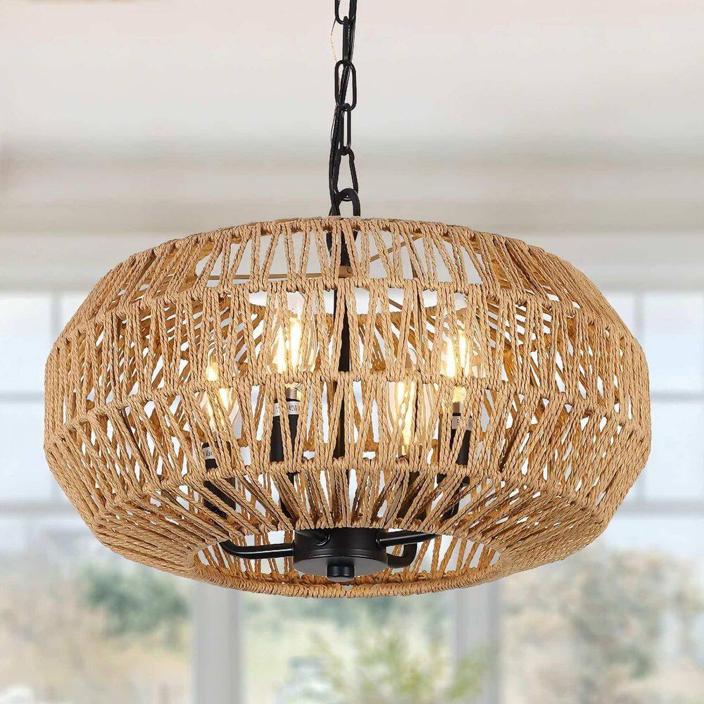 Caneo 15.7 in. 4-Light Farmhouse Black Rattan Chandelier with Wicker Hand Woven Basket for Bedroom, Hallway, Kitchen price history on PriceWatchPro
