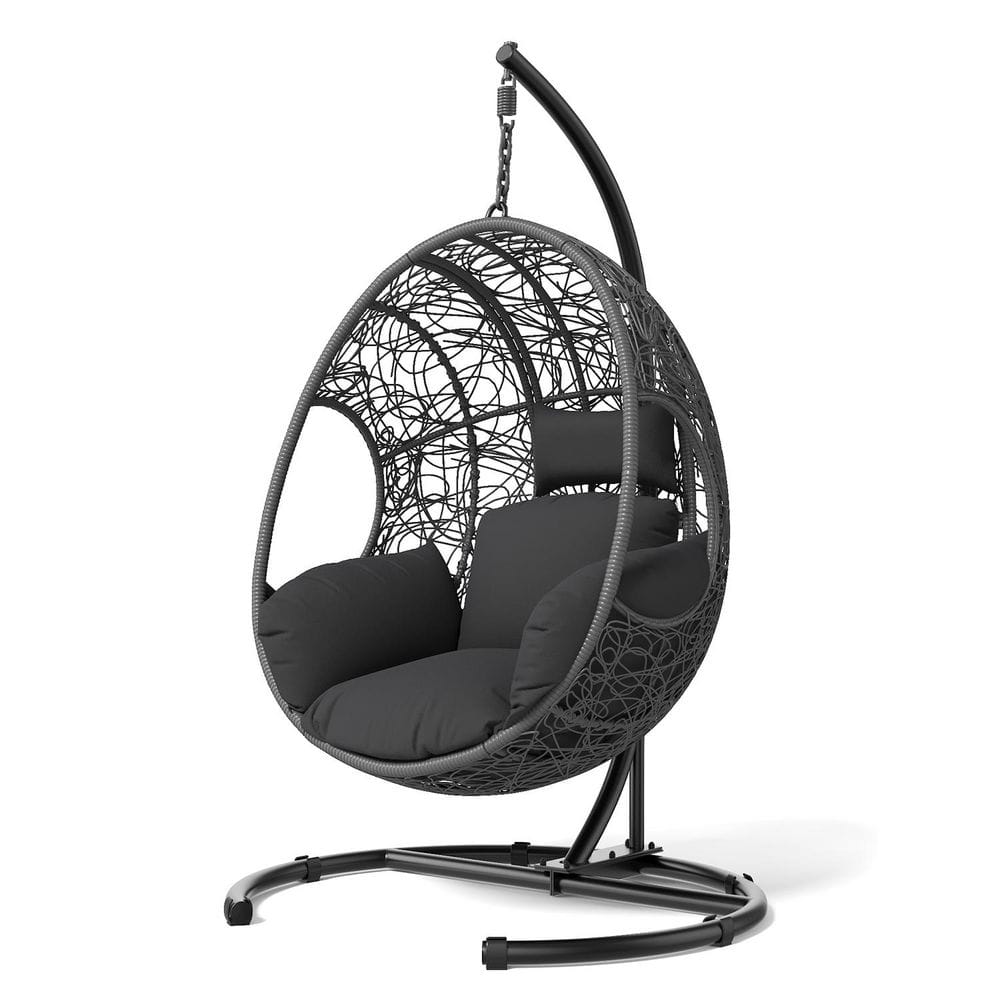 Gray Wicker Hanging Egg Chair with Cushions and Stand Featuring an Artistic Open-Weave Design price history on PriceWatchPro