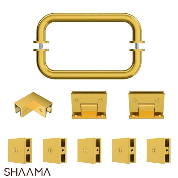 28-32 in. W Corner Shower Door Hardware Pack in Brushed Gold Includes Corner Clamp, 2 Hinges, 5 Clamps, Handle(1-Pair)