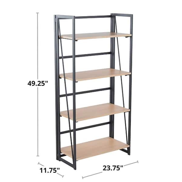 Dakota 23.75 in. Wide Natural Wood and Black Metal 4-Shelf Bookcase