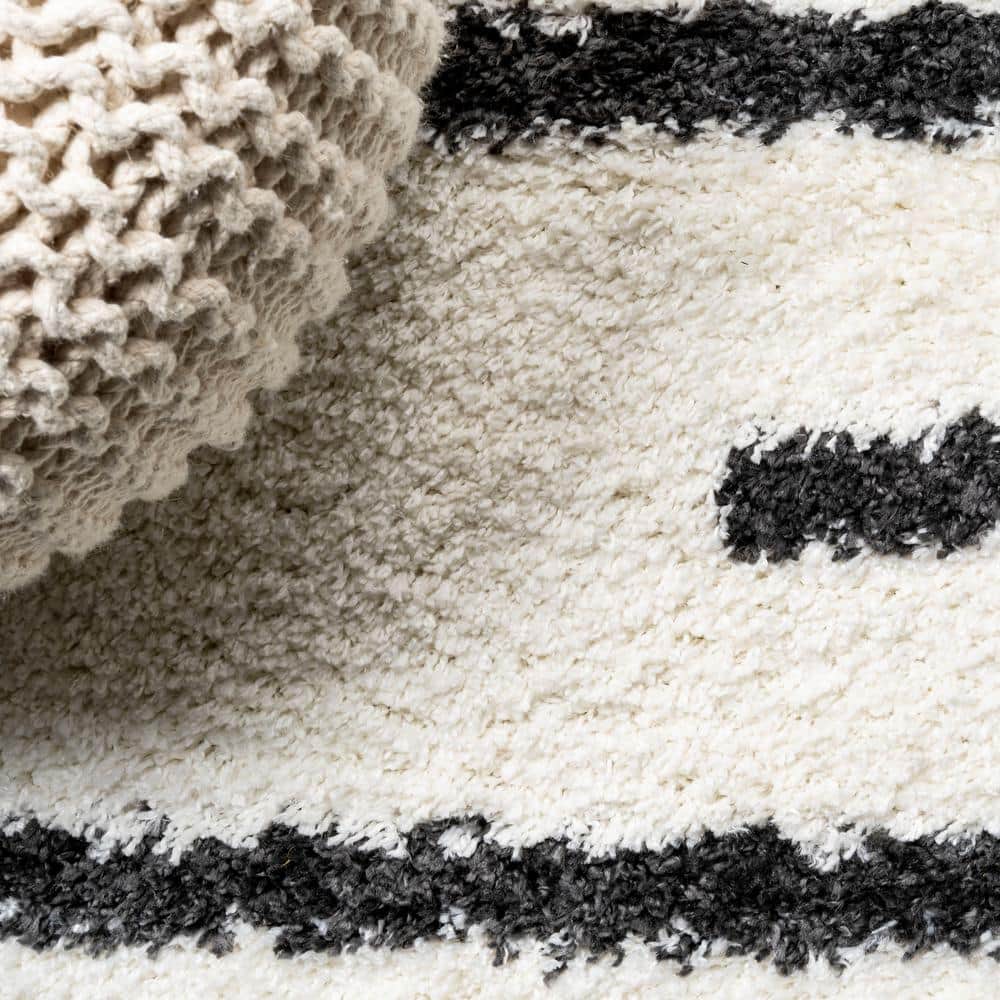 Alaro Berber-Inspired Ivory Stripe Shag Area Rug