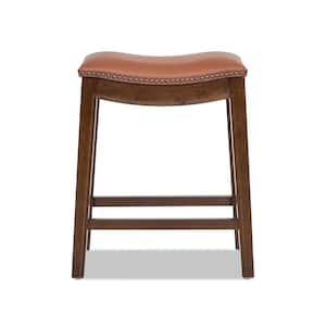 Barlow 24.5 in. Backless Wood Frame Leather Saddle Counter Stool in Brown